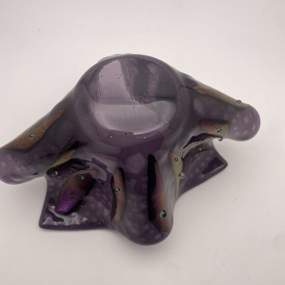 Art Glass Iridescent Dichroic Purple Folded HANDKERCHIEF Vase Bowl Studio Beaded - Picture 10 of 12